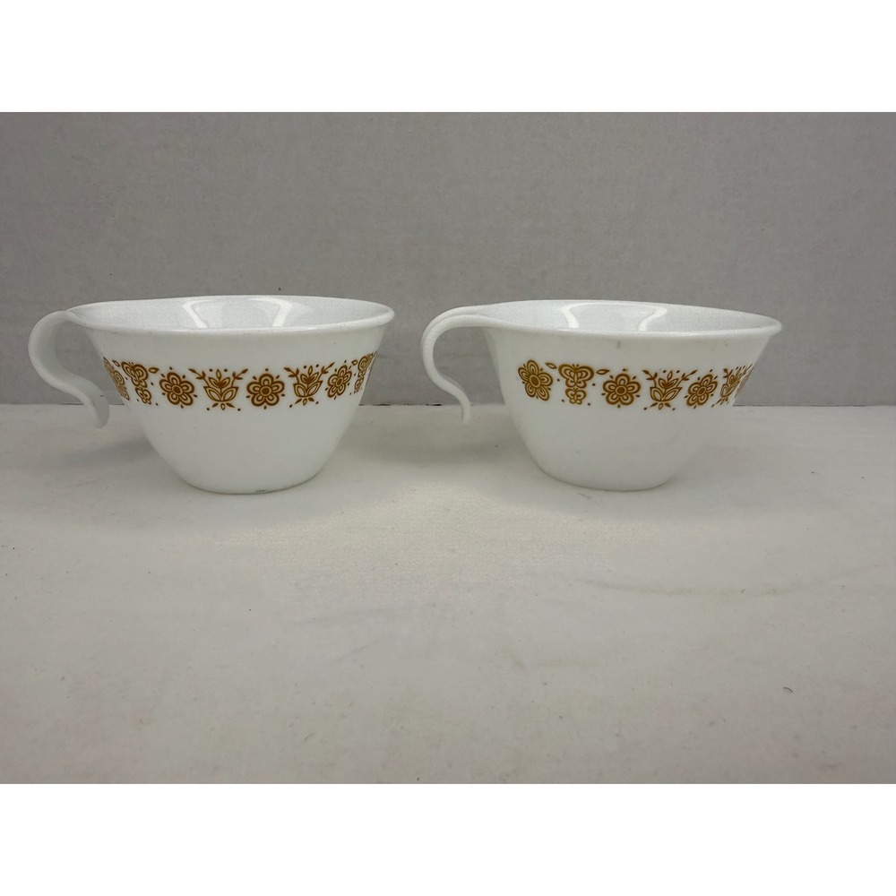 Vintage Corelle Butterfly Gold Teacups Set of 2 Hook Handle Corning White Yellow
